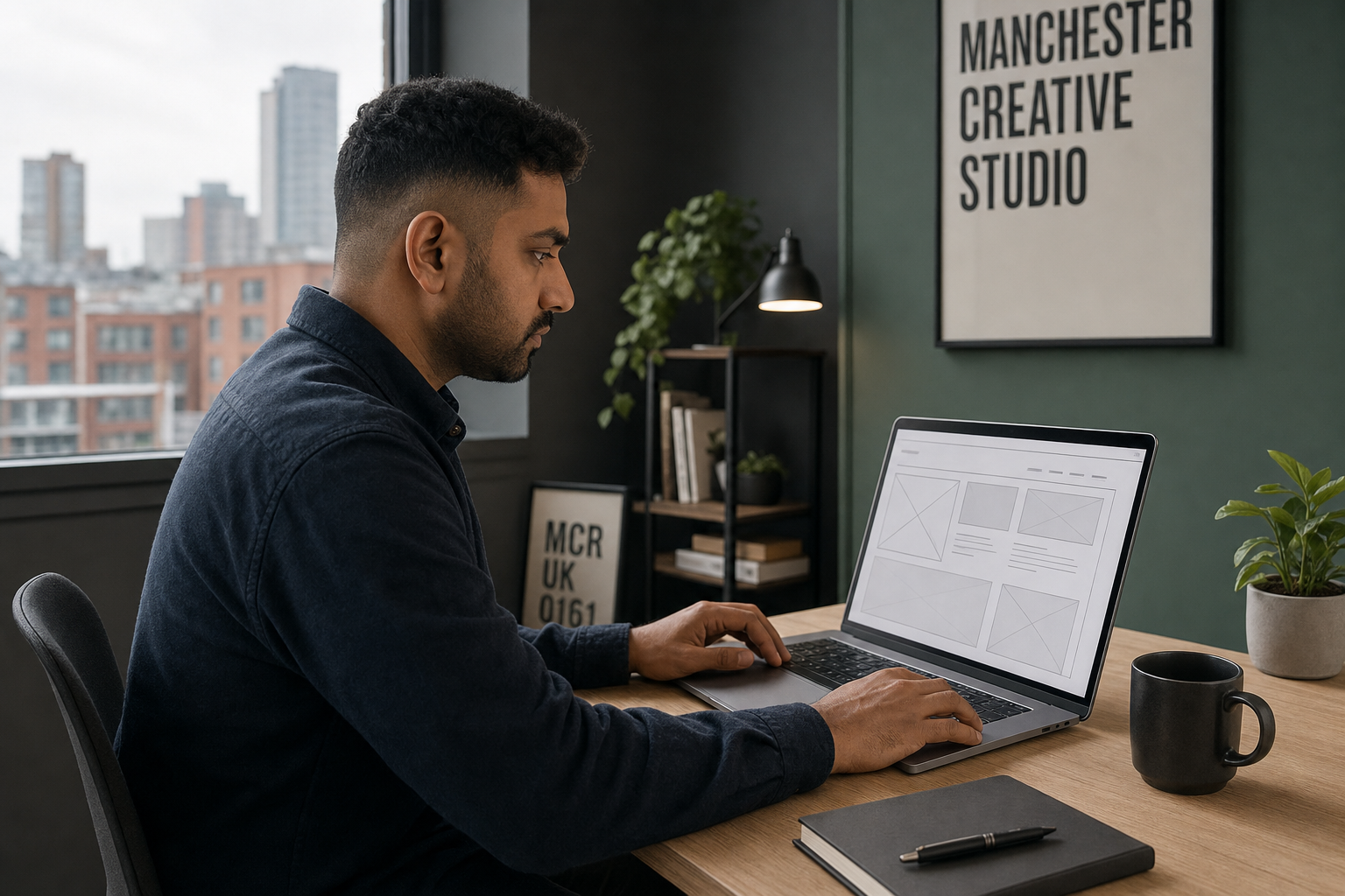 Man working on a laptop at a wooden desk in a modern office with city views.