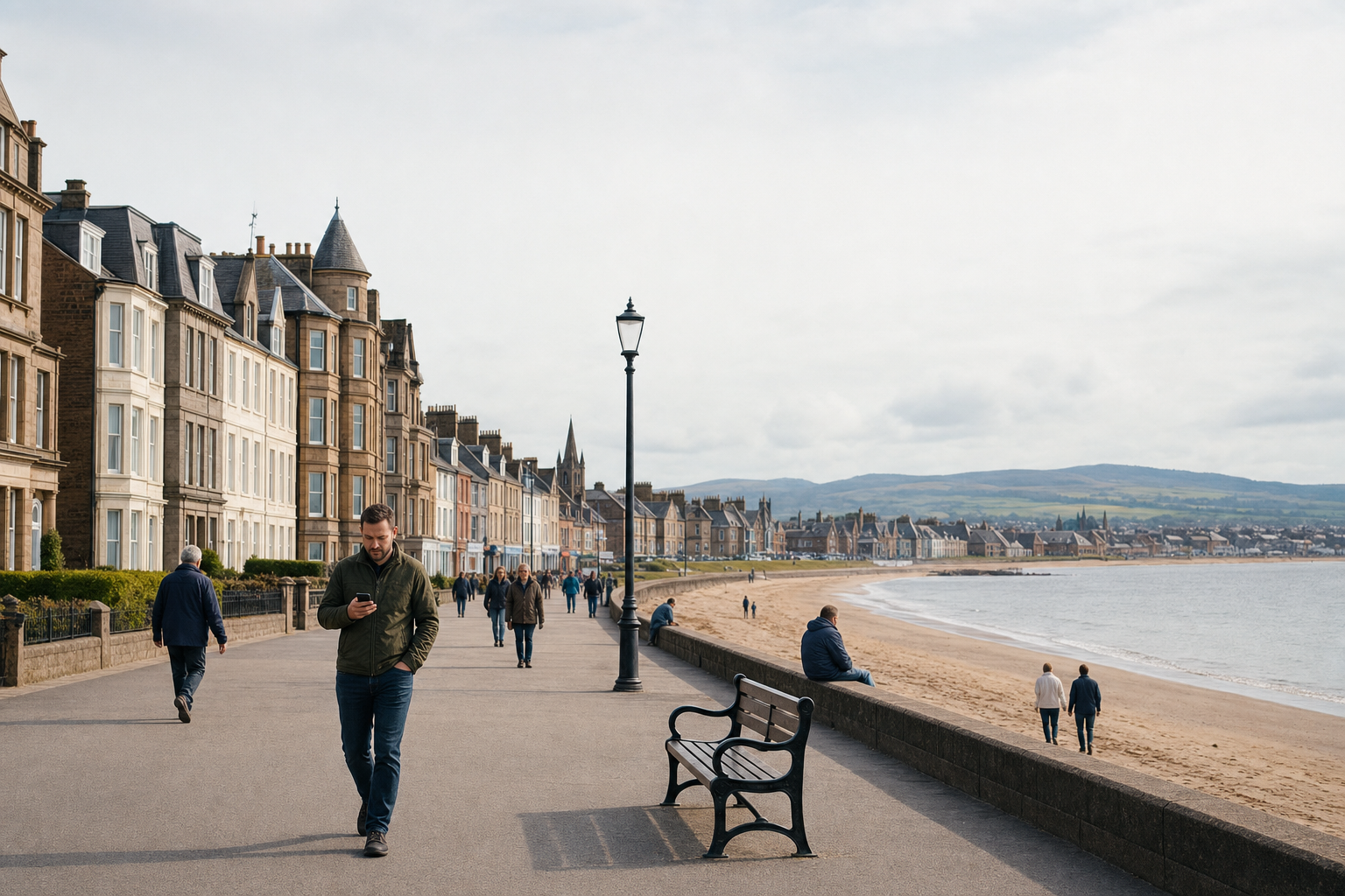 People walk along a seaside promenade lined with historic buildings on a cloudy day.