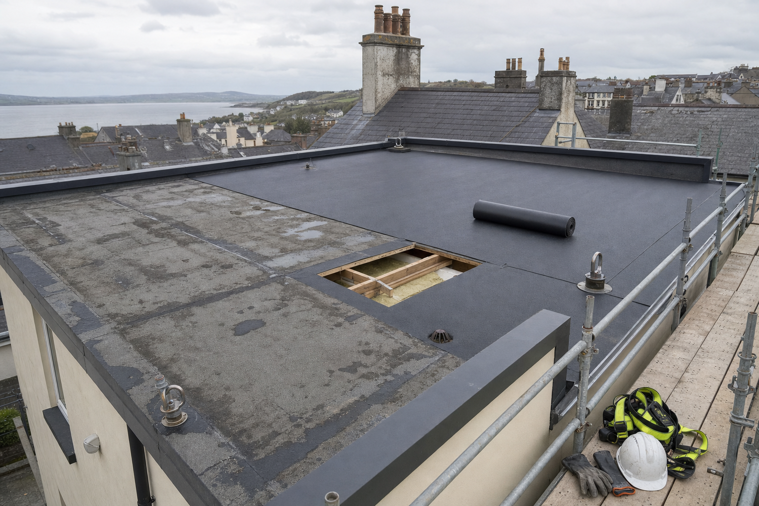 Flat rooftop under repair with a roll of roofing material, harbour view, and safety equipment on scaffolding.