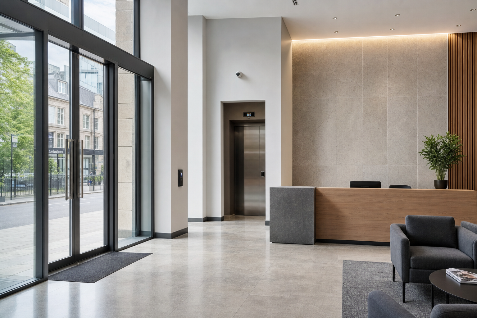 Modern office lobby with a wooden reception desk, grey seating, and large glass doors overlooking the street.