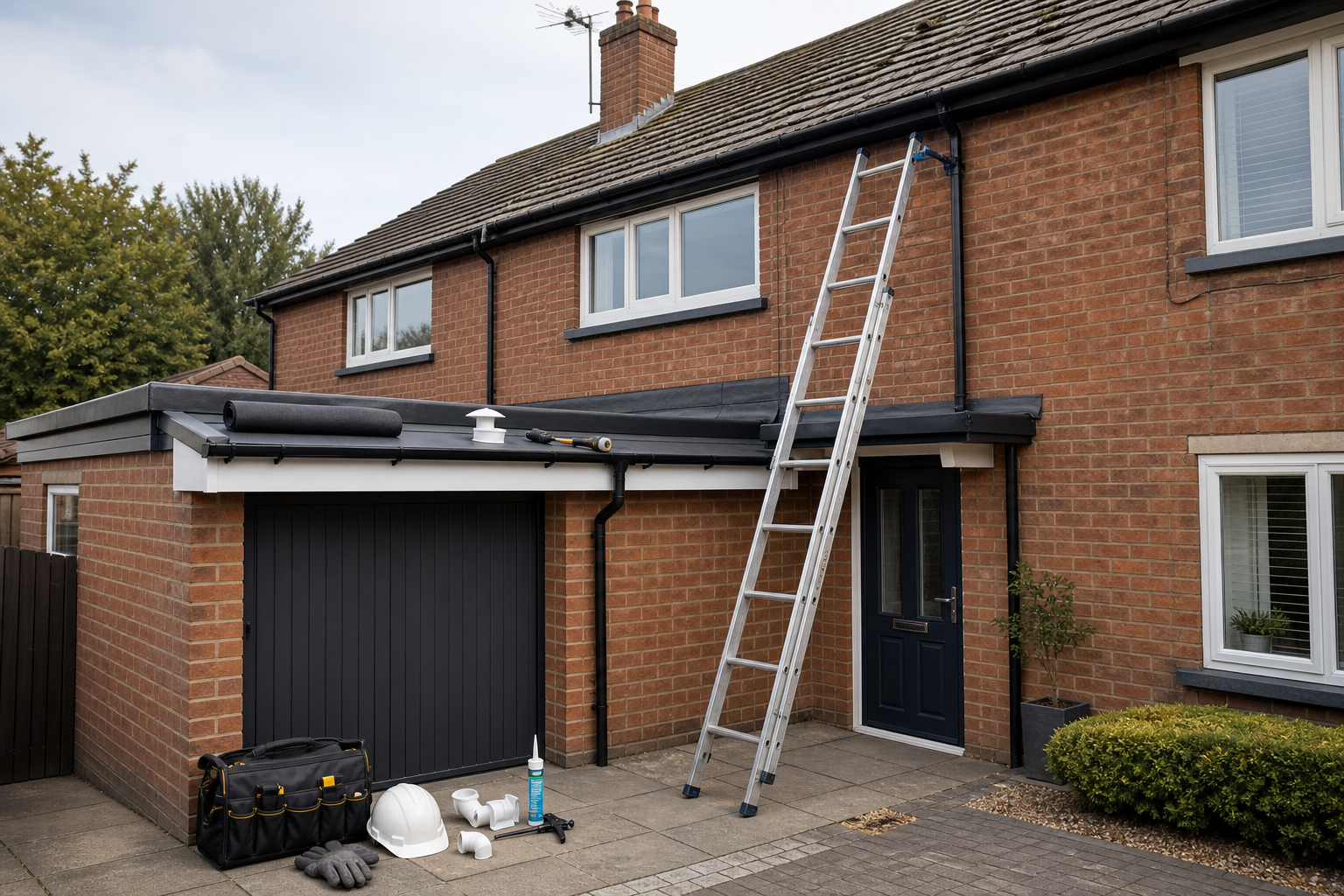 Ladder leaning against a brick house with roofing tools and materials below.