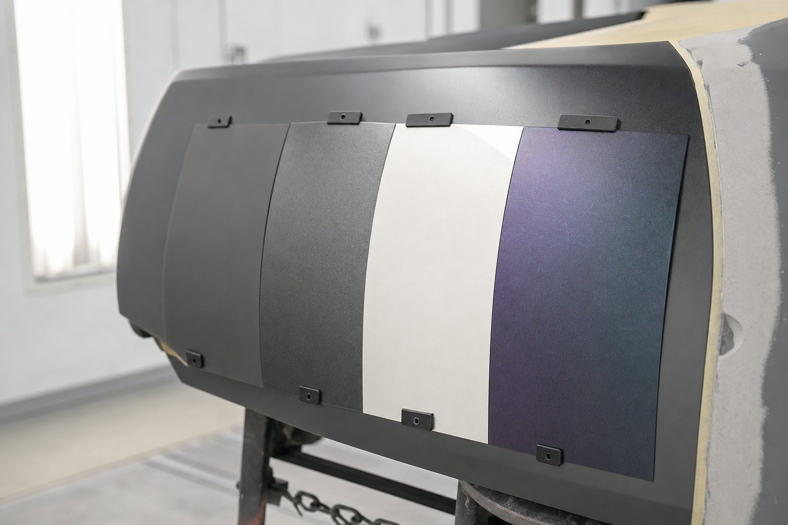 Five coloured car paint samples attached to a car hood in a workshop setting.