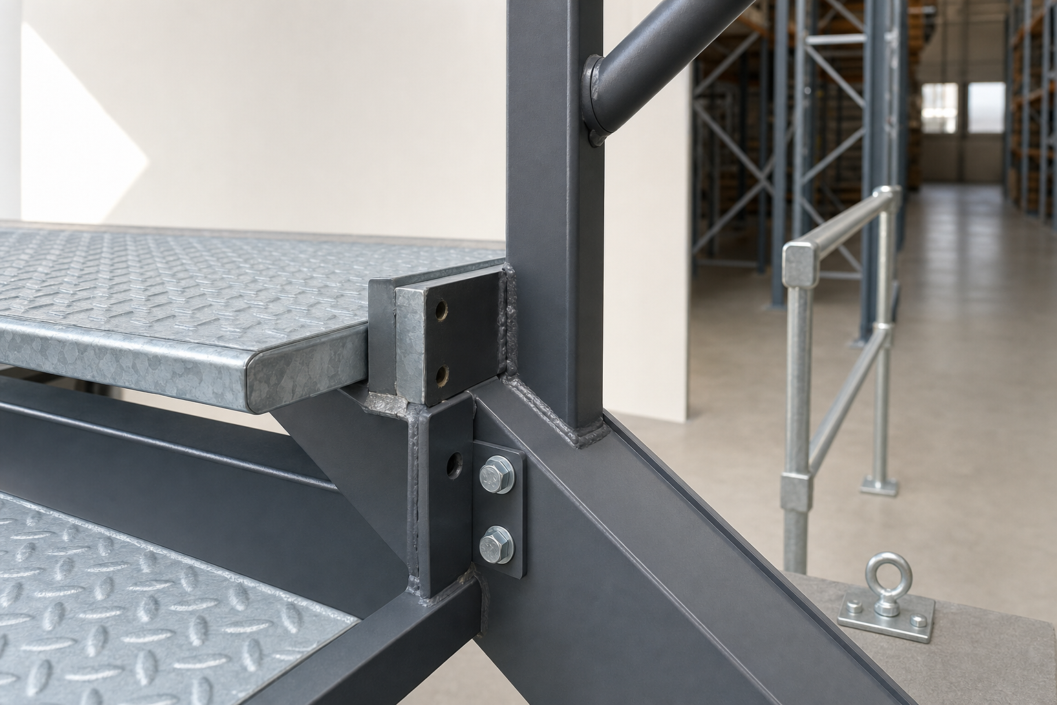 Metal staircase with textured steps and sturdy handrails in an industrial setting.