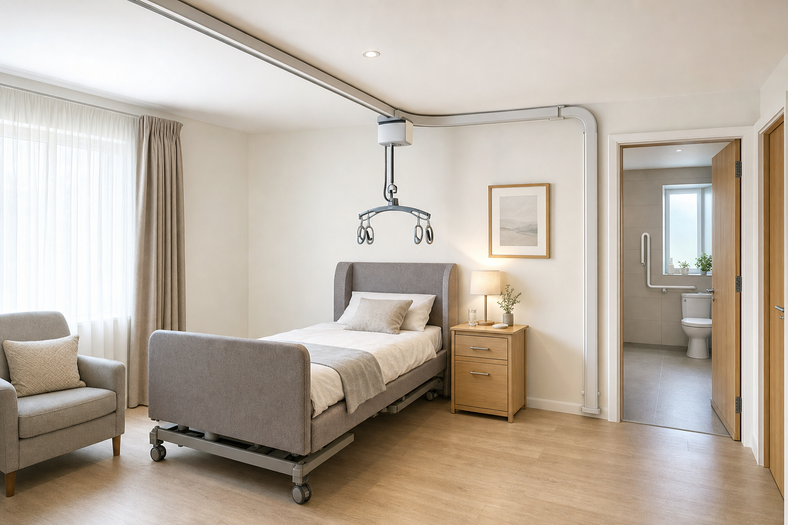 A modern, spacious hospital room with a bed, armchair, bedside table, and accessible en-suite bathroom.