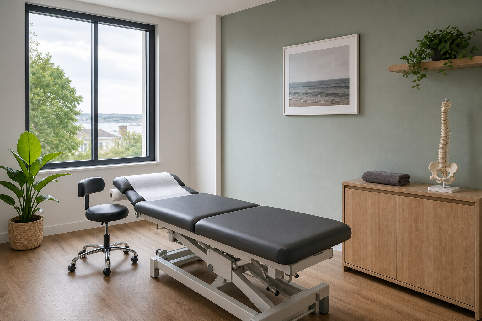 Modern therapy room with a treatment table, ergonomic chair, and a decorative plant, featuring a large window view.