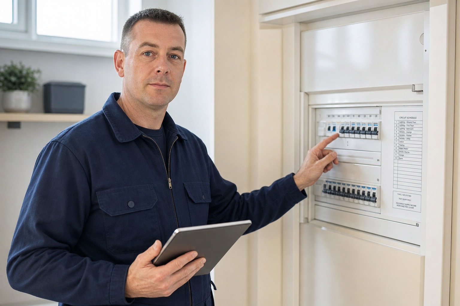Electrician checking a circuit breaker panel while holding a tablet in a modern room.