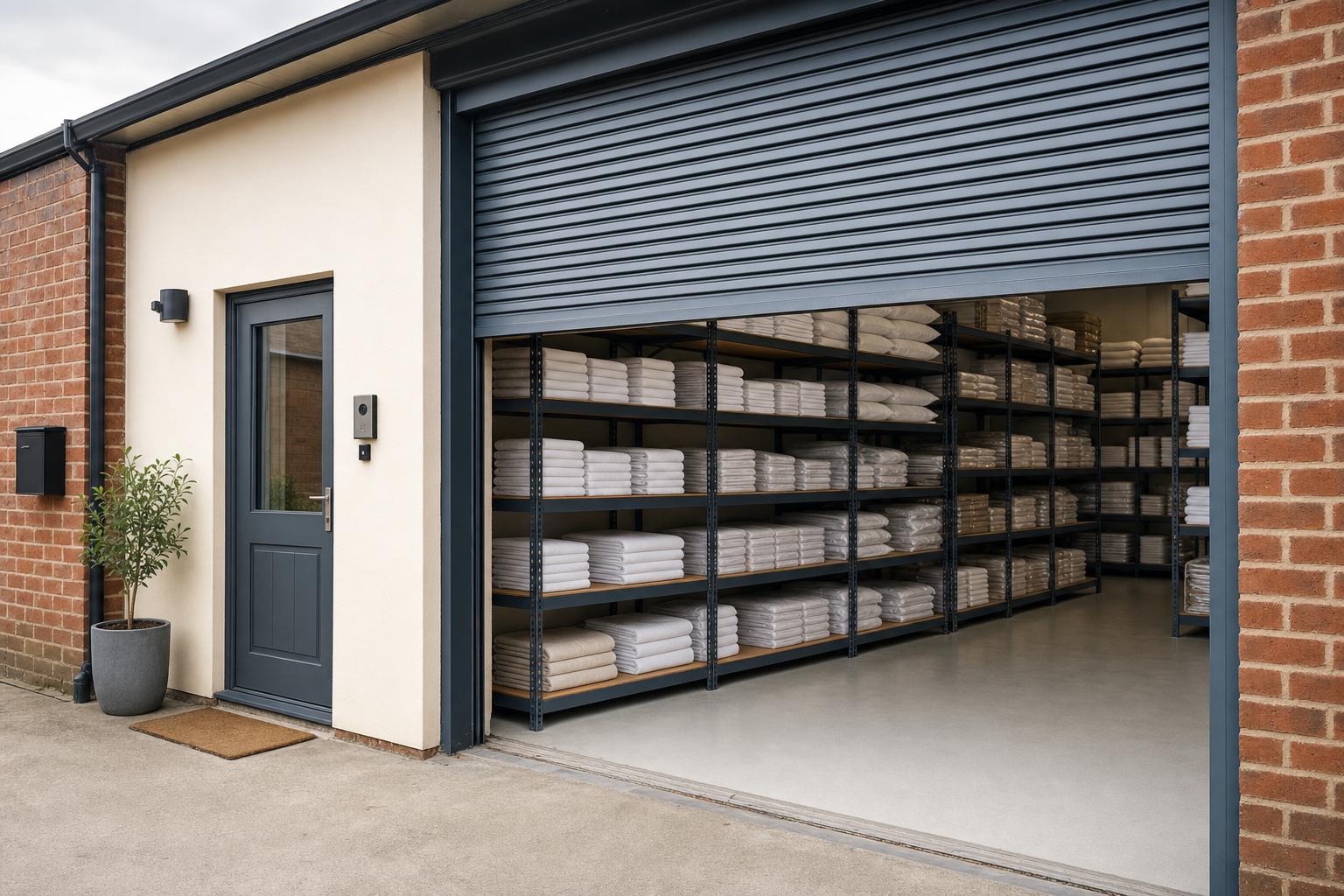 Warehouse with open shutter door revealing shelves stacked with neatly folded towels.