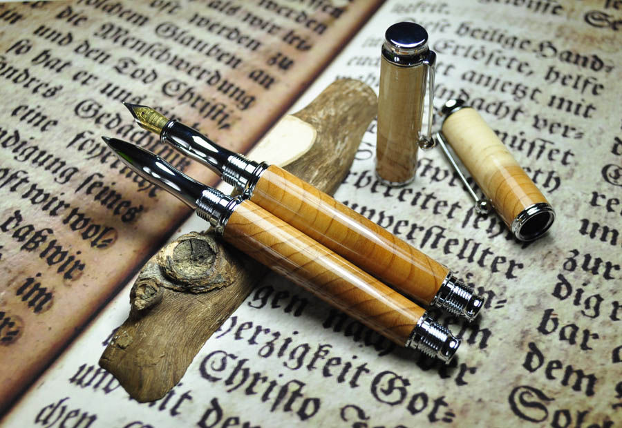 Handturned Fountain pen and rollerball pen set in cross cut English Yew wood