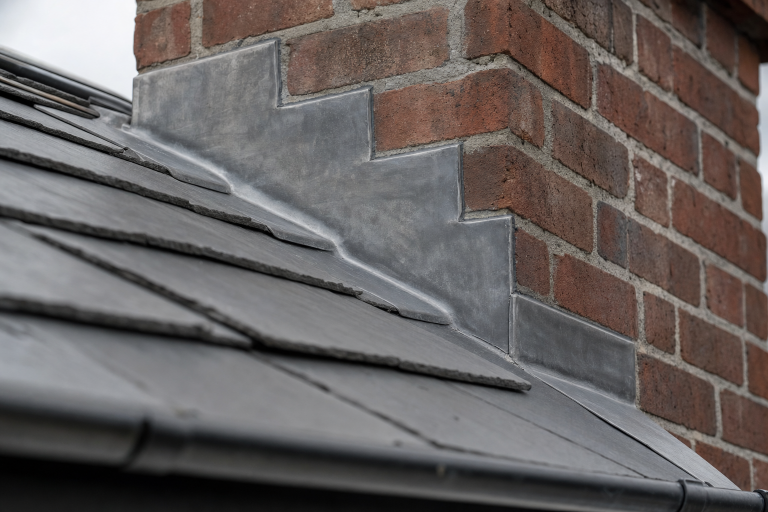 Close-up of a brick chimney with stepped lead flashing on a slate roof.