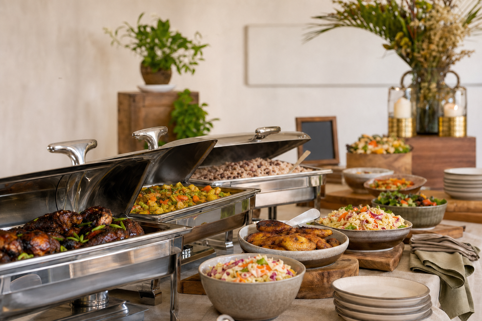 Buffet table with chafing dishes of roasted meats and vegetable medleys, surrounded by bowls of various salads and plantains.