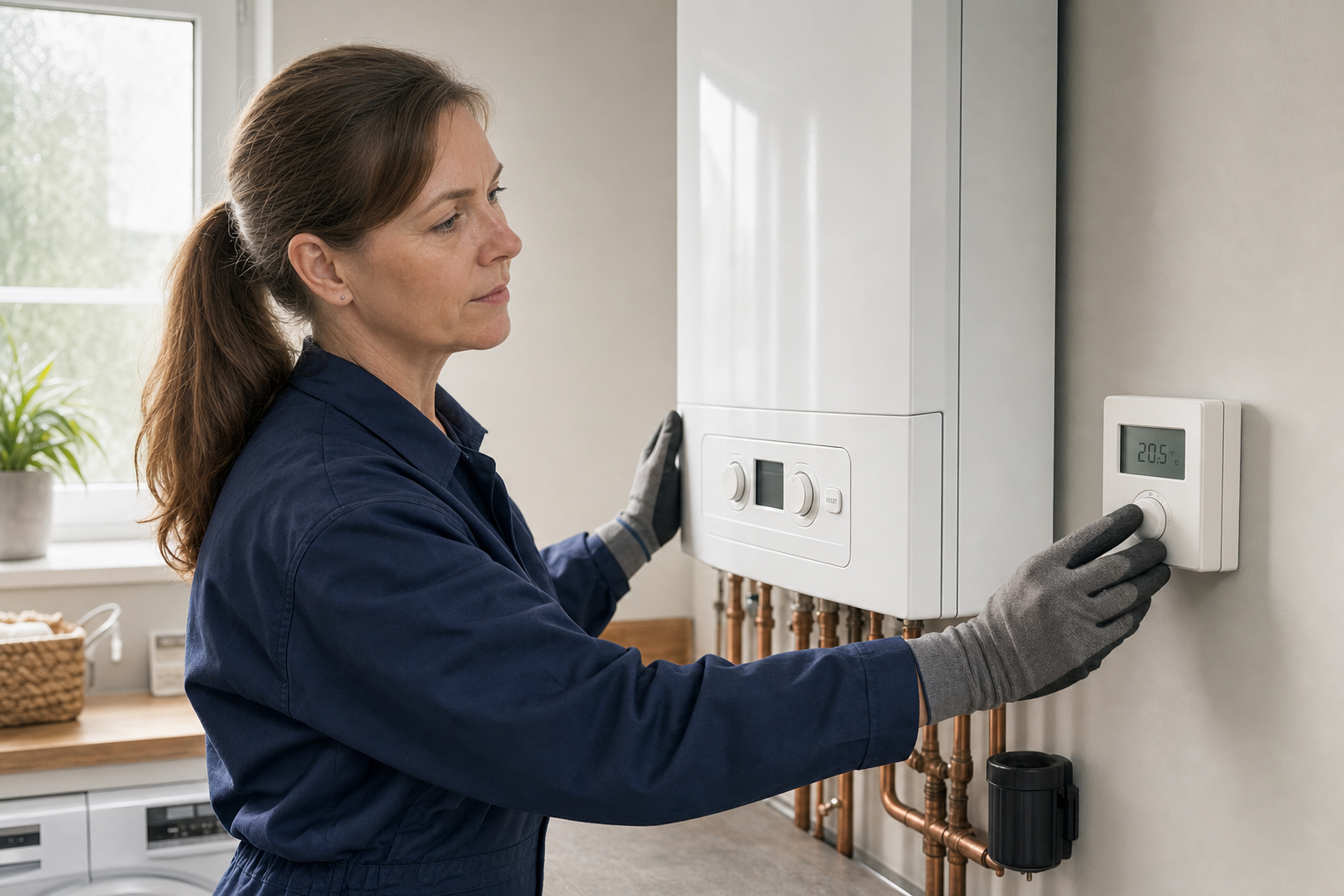 Woman in work gloves adjusting a thermostat next to a boiler in a utility room.