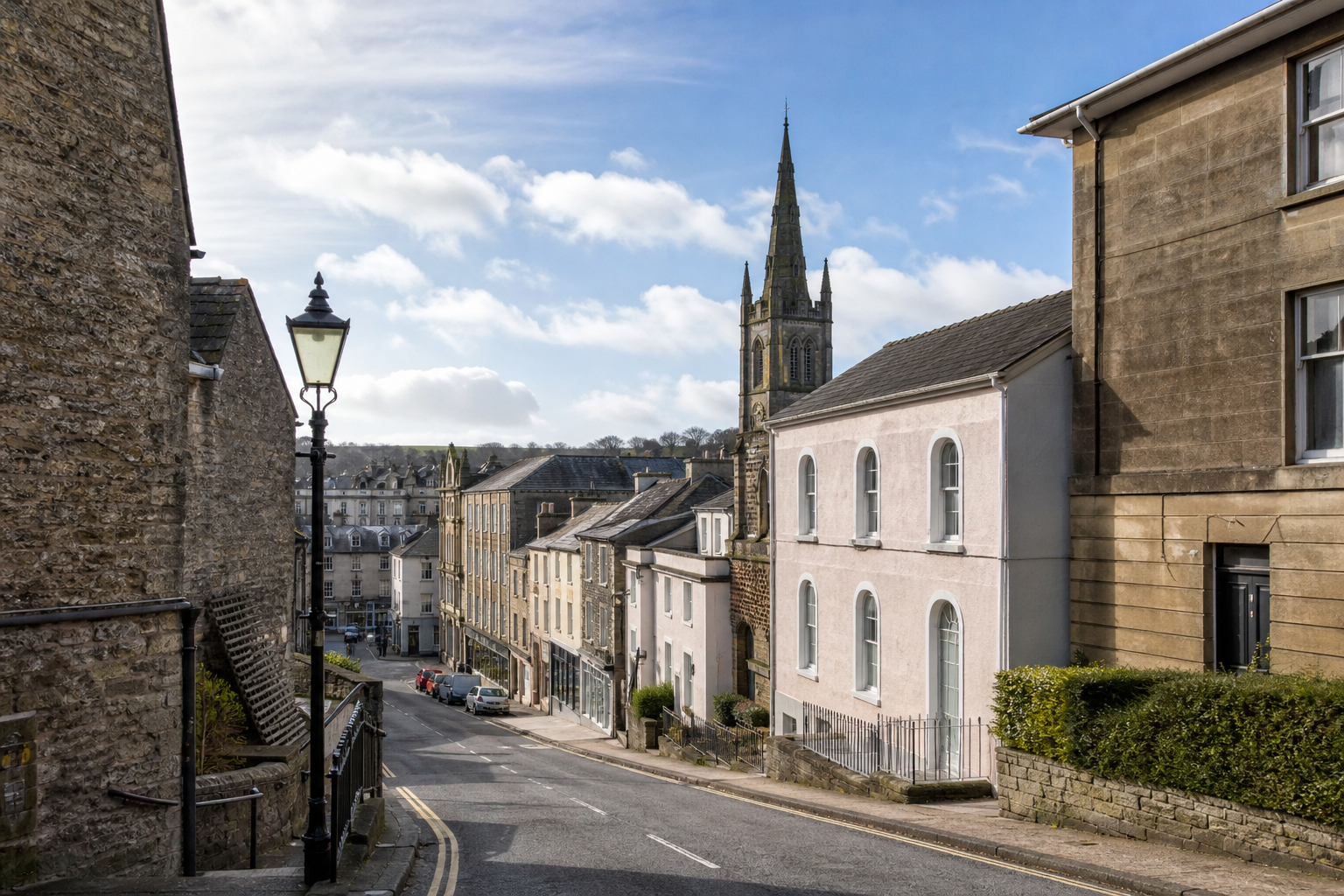 Charming street view with historic stone buildings and a church spire under a bright blue sky.