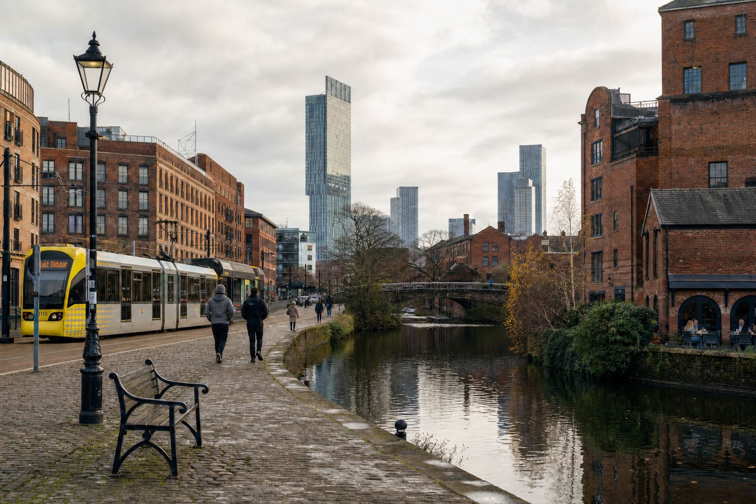 Tram and pedestrians along a canal in Manchester with modern skyscrapers in the background.
