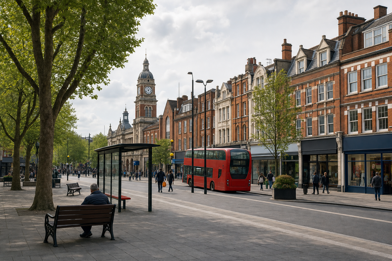 A red double-decker bus travels down a tree-lined street with a clock tower and brick buildings in the background.