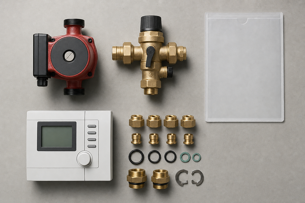 Heating system components including a circulation pump, thermostat, valves, and fittings laid out on a grey surface.