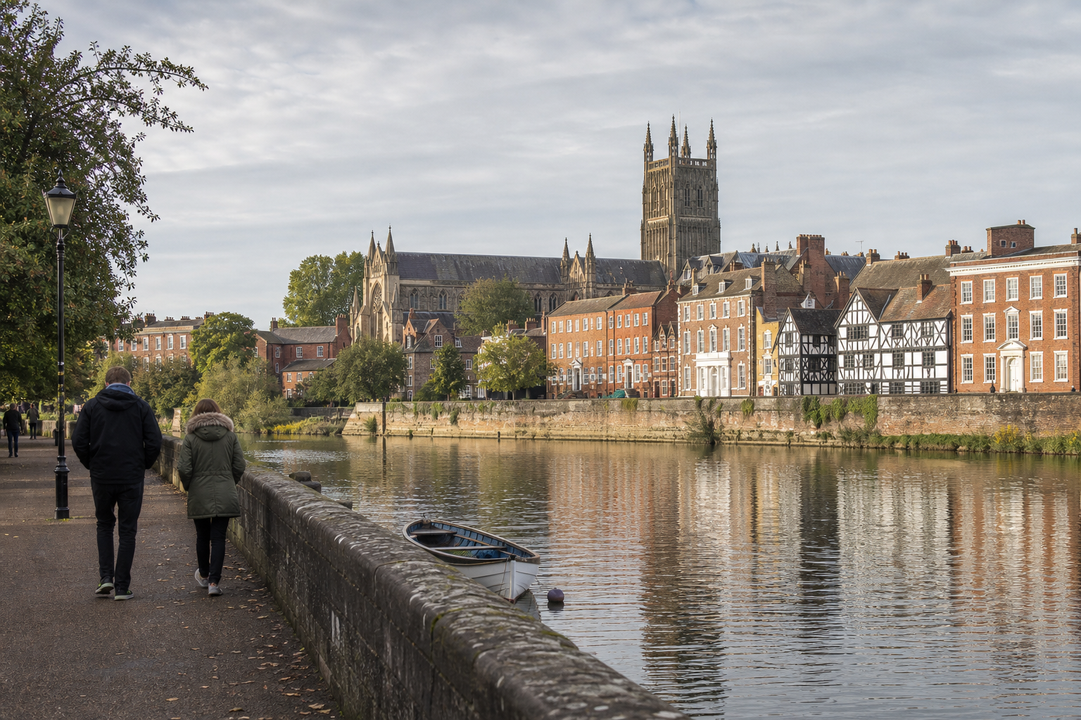 A couple walks along a riverside path with a view of historic buildings and a cathedral in the background.