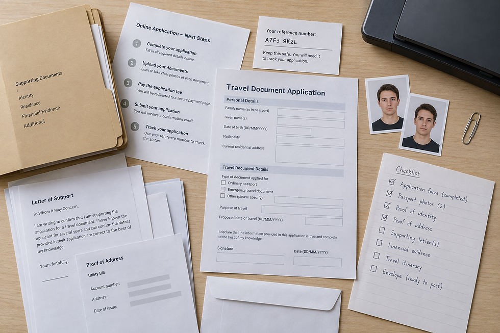Travel document application materials, including forms, photos, supporting documents, and a checklist, spread on a wooden
