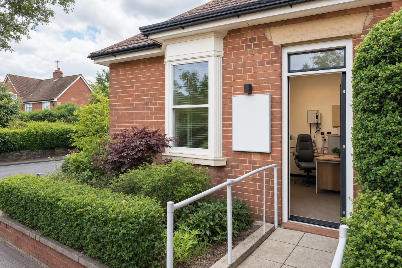 Exterior view of a brick office building with an open door and well-maintained garden.