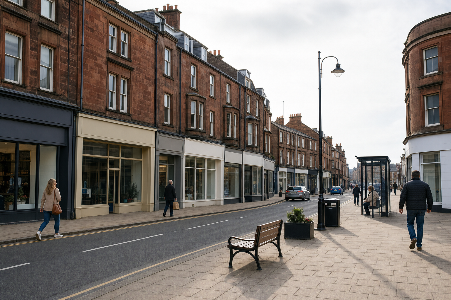 A quiet street scene with pedestrians, red-brick buildings, and a bench, under overcast skies.