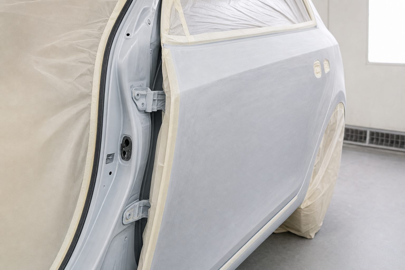 A car partially masked and sanded for painting, with visible details of the door and wheel area.