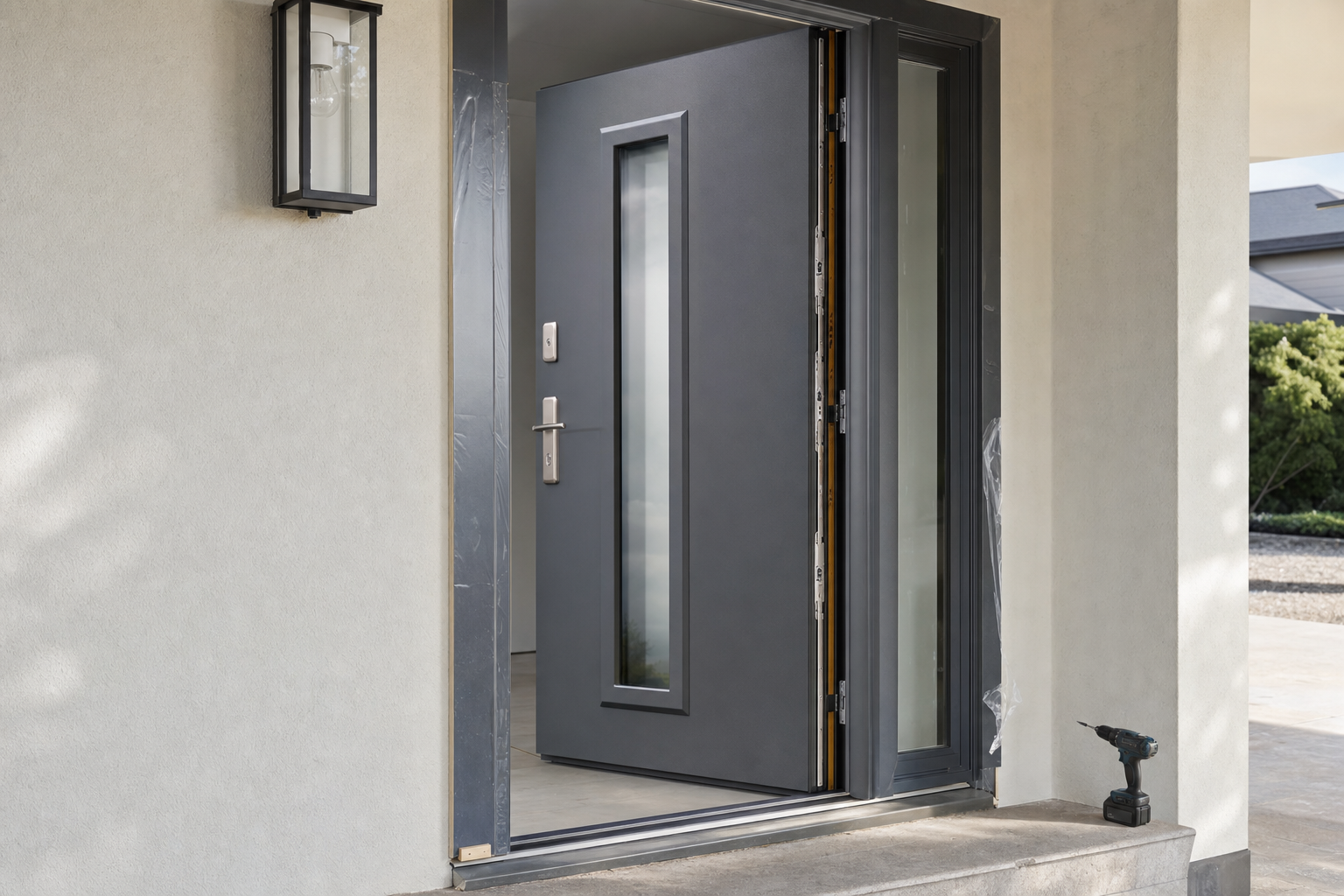 A modern grey door slightly ajar with a power drill resting on the ground nearby.