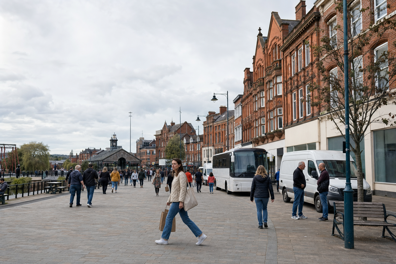 A bustling street scene with people walking in front of historic red-brick buildings.
