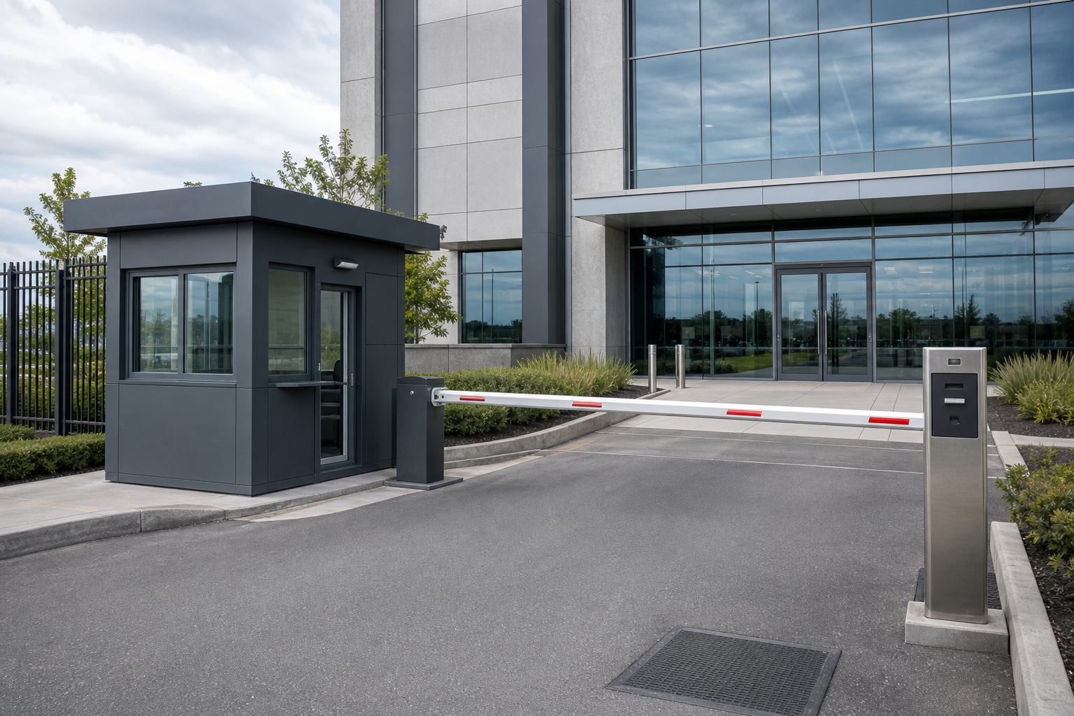 Modern security checkpoint with a grey booth and barrier arm in front of a glass office building.