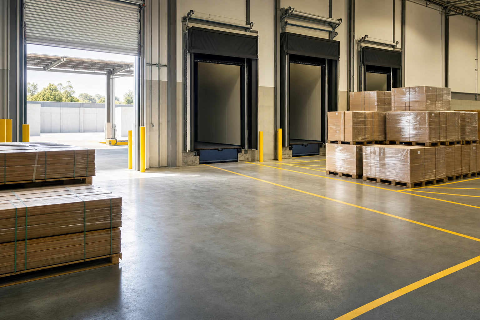 Warehouse loading area with stacked pallets and open garage doors.