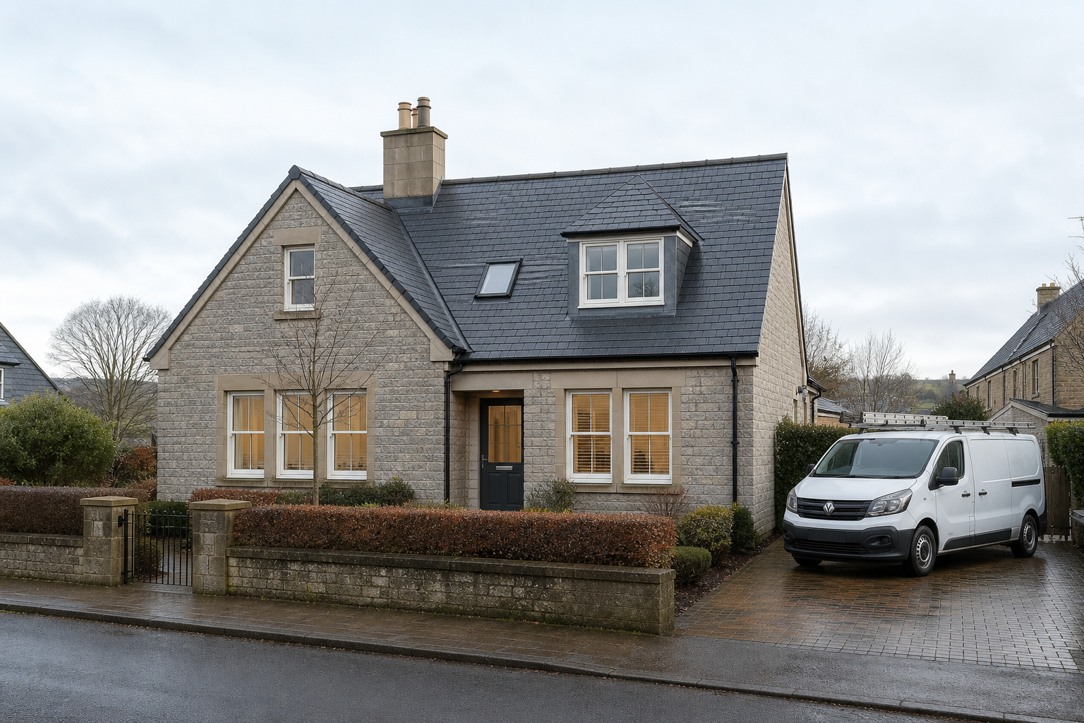 Detached stone house with slate roof, surrounded by hedges, and a white van parked in the driveway on an overcast day.