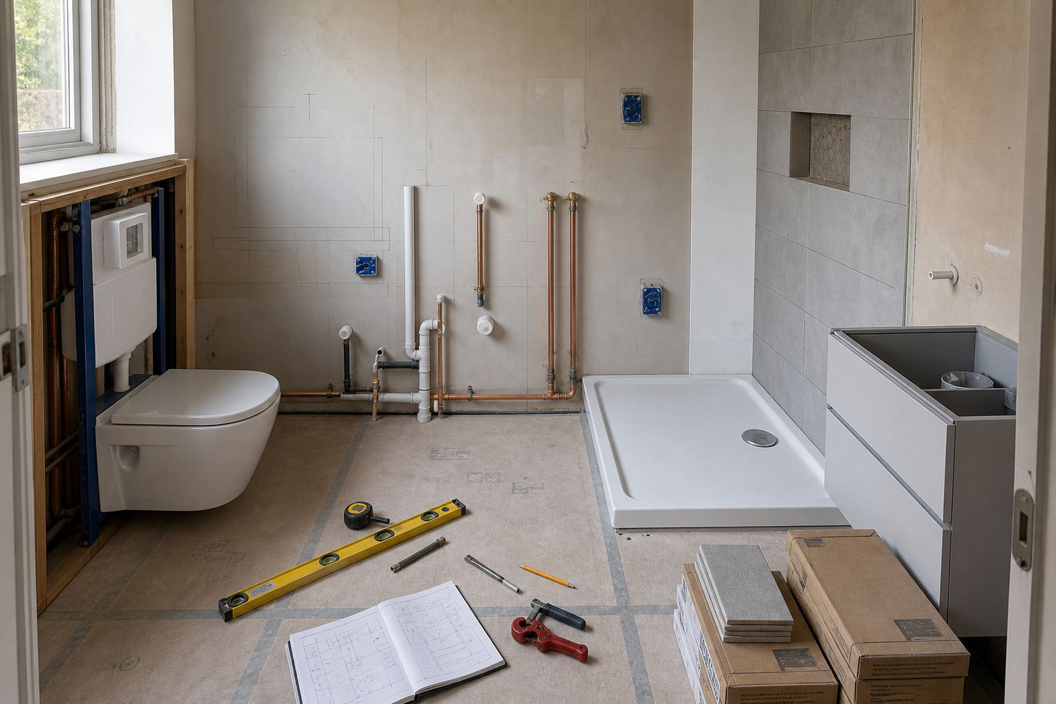 Bathroom under renovation with a toilet, shower base, tools, and materials scattered on the floor.