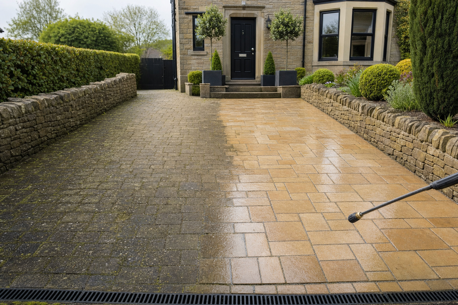 A driveway halfway through being pressure washed, with a stark contrast between dirty and clean sections.