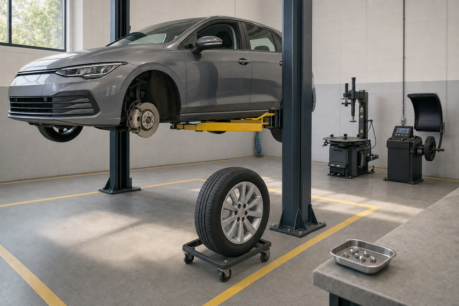 A grey car is elevated on a lift in a workshop with a removed tyre nearby.