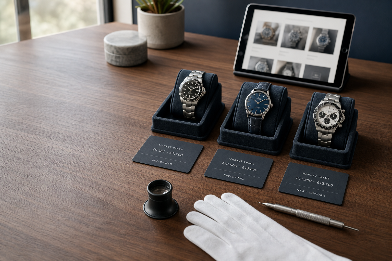 Three luxury watches displayed on a table with price cards, a magnifying glass, white gloves, and a digital tablet.
