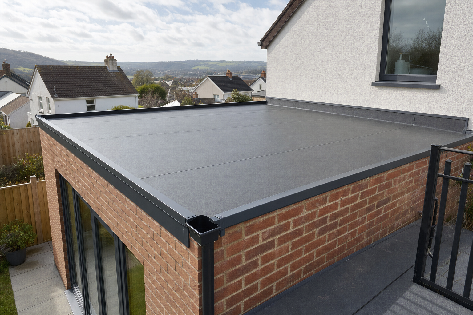 Modern flat roof extension attached to a brick house, with a view of nearby homes and hills.