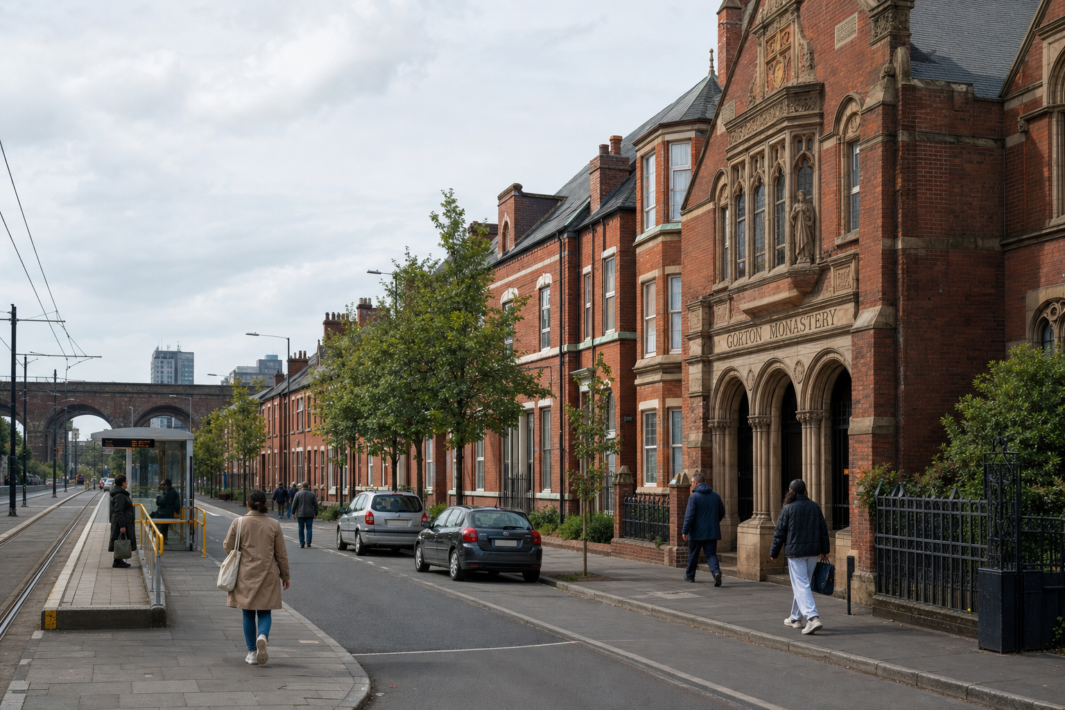 People walking near a historic brick building labeled Gorton Monastery along a tramline with a viaduct in the background.