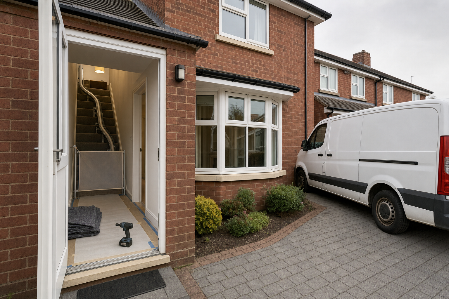 A stairlift installation in a brick house with an open door, toolbox, and white van parked in the driveway.