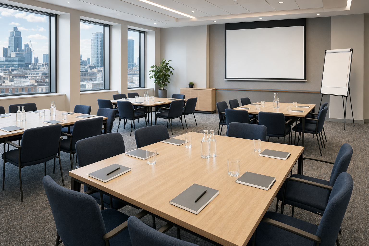 Modern conference room with wooden tables, blue chairs, large windows, and a projector screen, overlooking a cityscape.