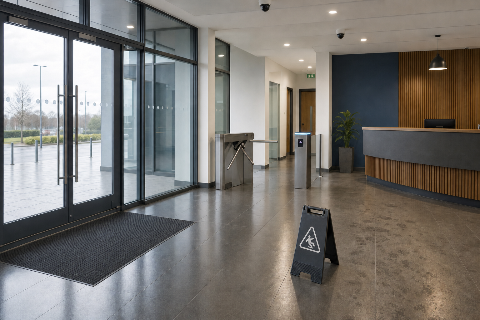 Modern office lobby with glass doors, turnstile, wooden reception desk, and a caution sign on the floor.