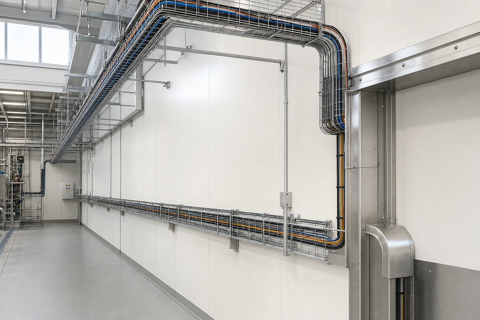 Modern industrial room with overhead and wall-mounted cable trays for wiring organisation.