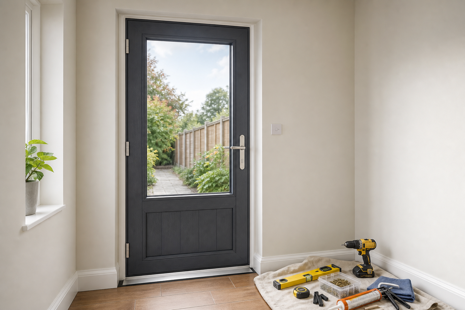 Gray back door with glass, opening to a garden path, surrounded by tools and a potted plant by the window.