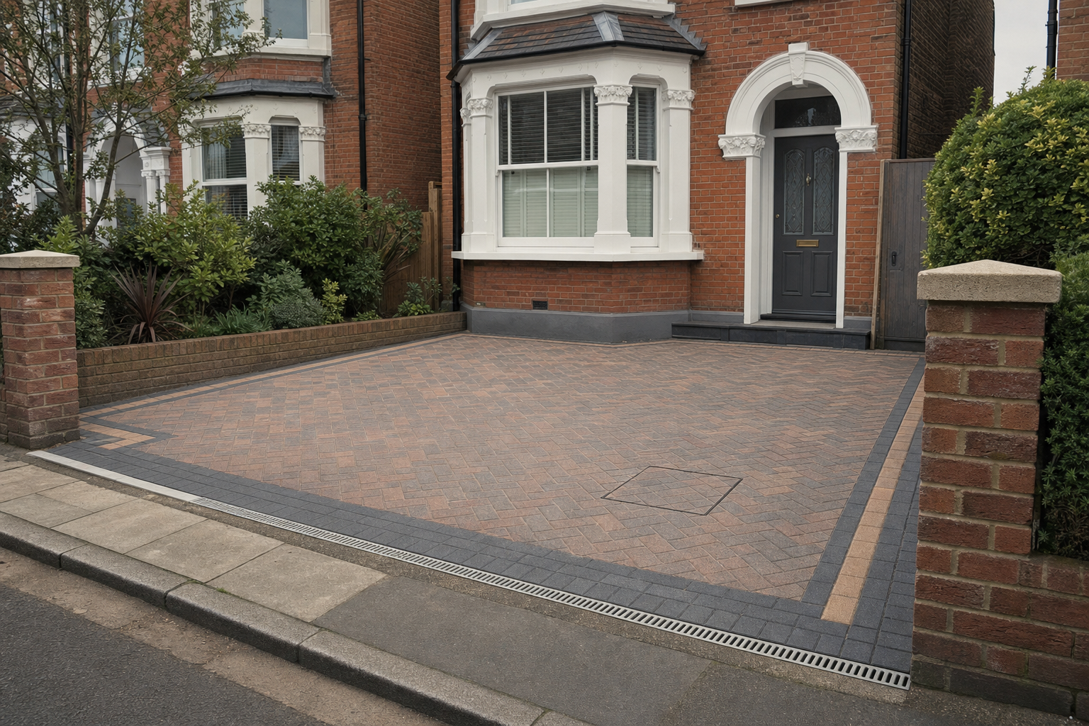 A well-maintained brick driveway in front of a red-brick Victorian house with decorative white window trims.