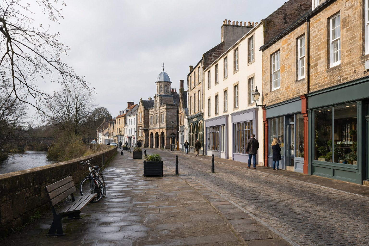Charming riverside street with historic stone buildings and pedestrians strolling on a cloudy day.