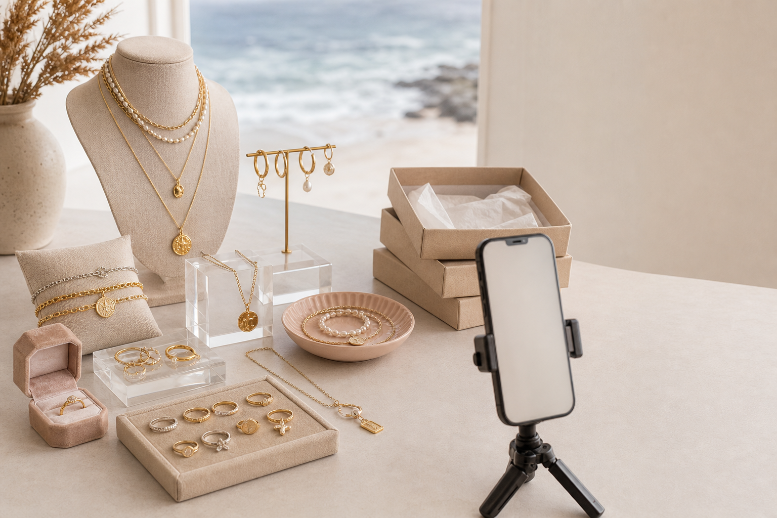 Jewelry display with necklaces, rings, and earrings arranged on a table near a smartphone on a tripod.