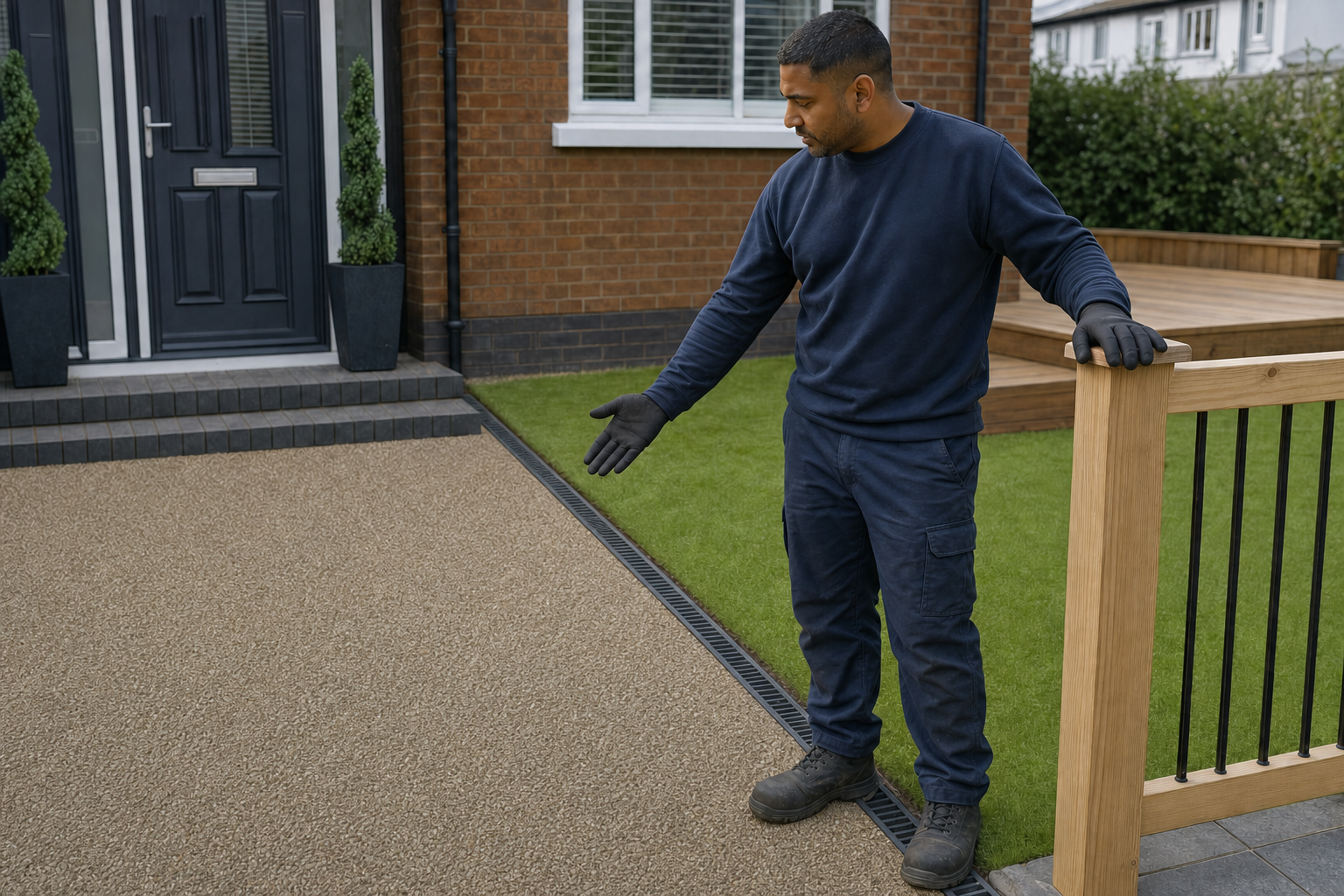 A man in work attire gestures towards a gravel drive and green lawn in front of a house.