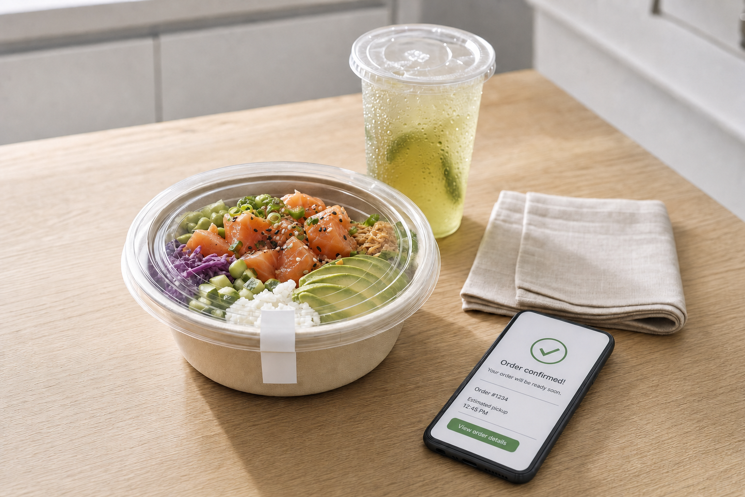 Salmon poké bowl and lemon-lime drink on a table beside a smartphone displaying an order confirmation.