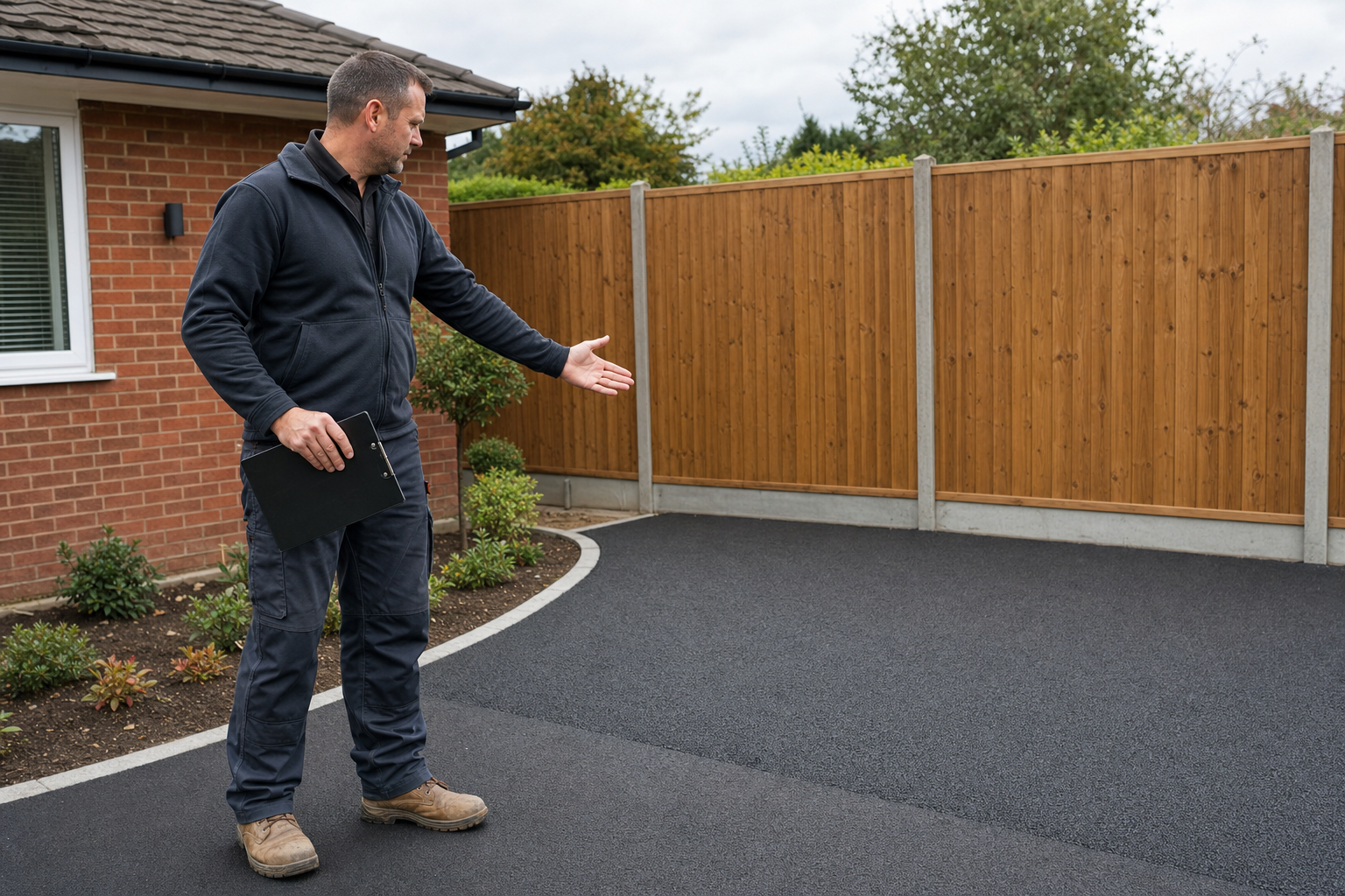 Man presenting newly surfaced driveway next to a house with a wooden fence.