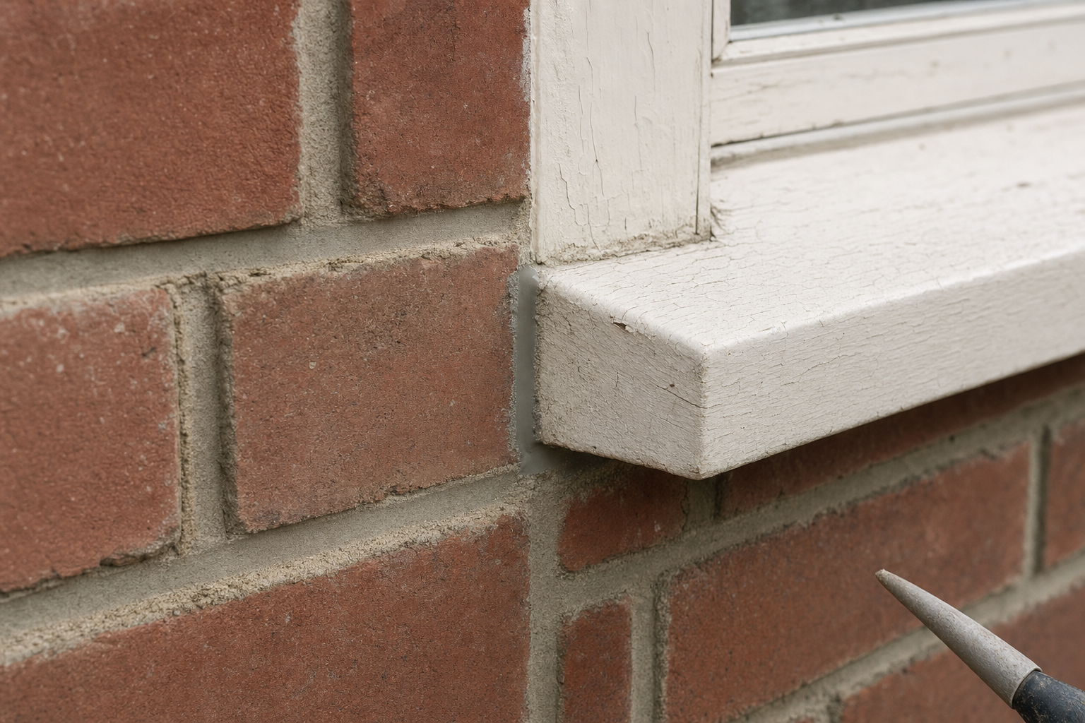 Red brick wall adjoining a white window sill with a pointing trowel in the lower corner.