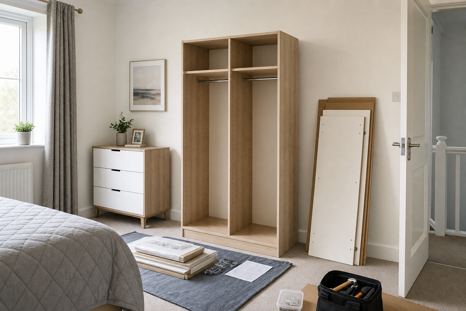 Bedroom under renovation with an unassembled wardrobe, tools, and parts on the carpet.