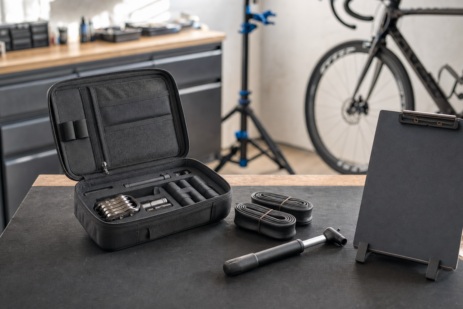 Bicycle repair kit with tools, inner tubes and a pump on a workbench next to a clipboard and a bike in a workshop.