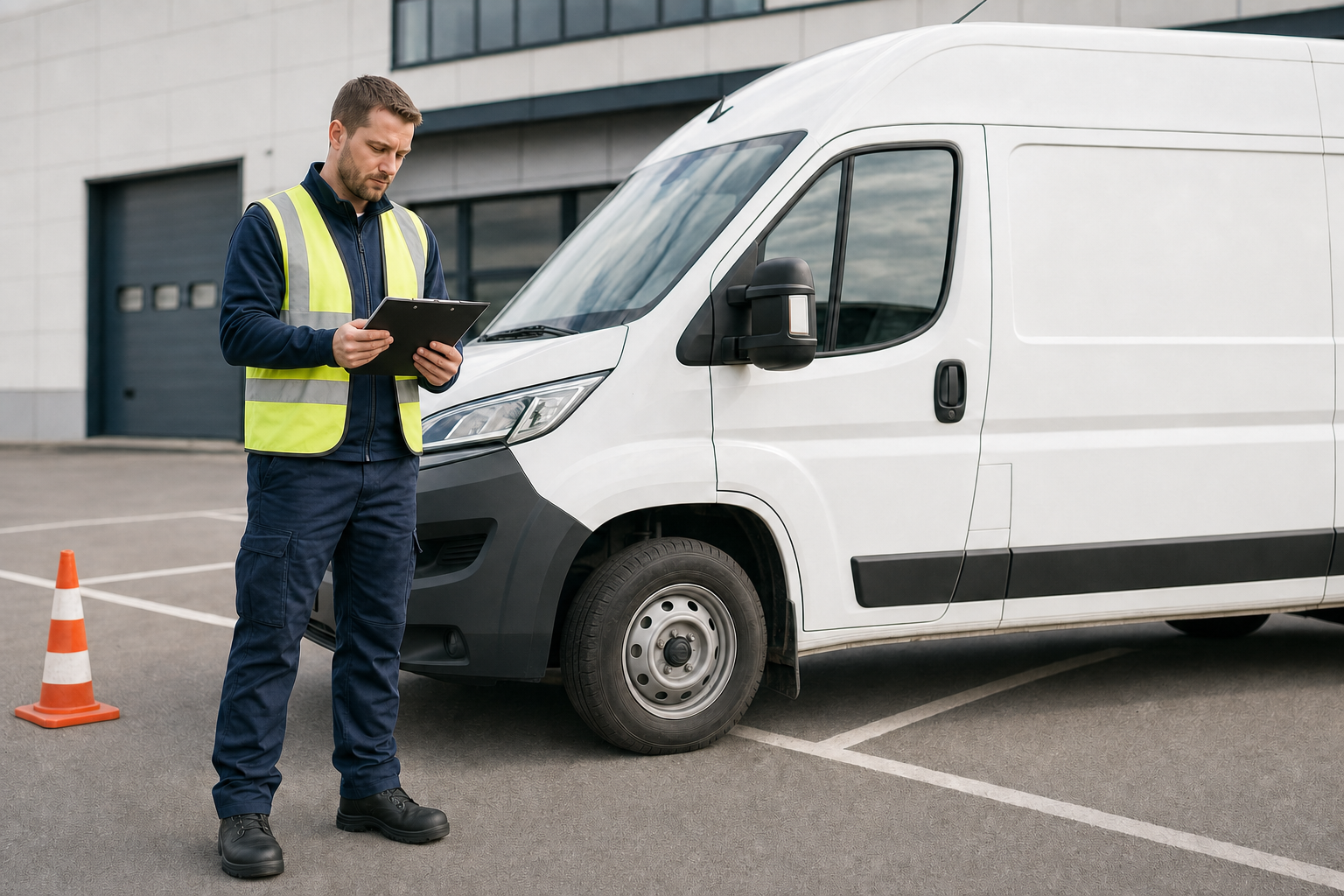A man in a high-vis vest checks a clipboard next to a white van in a car park.